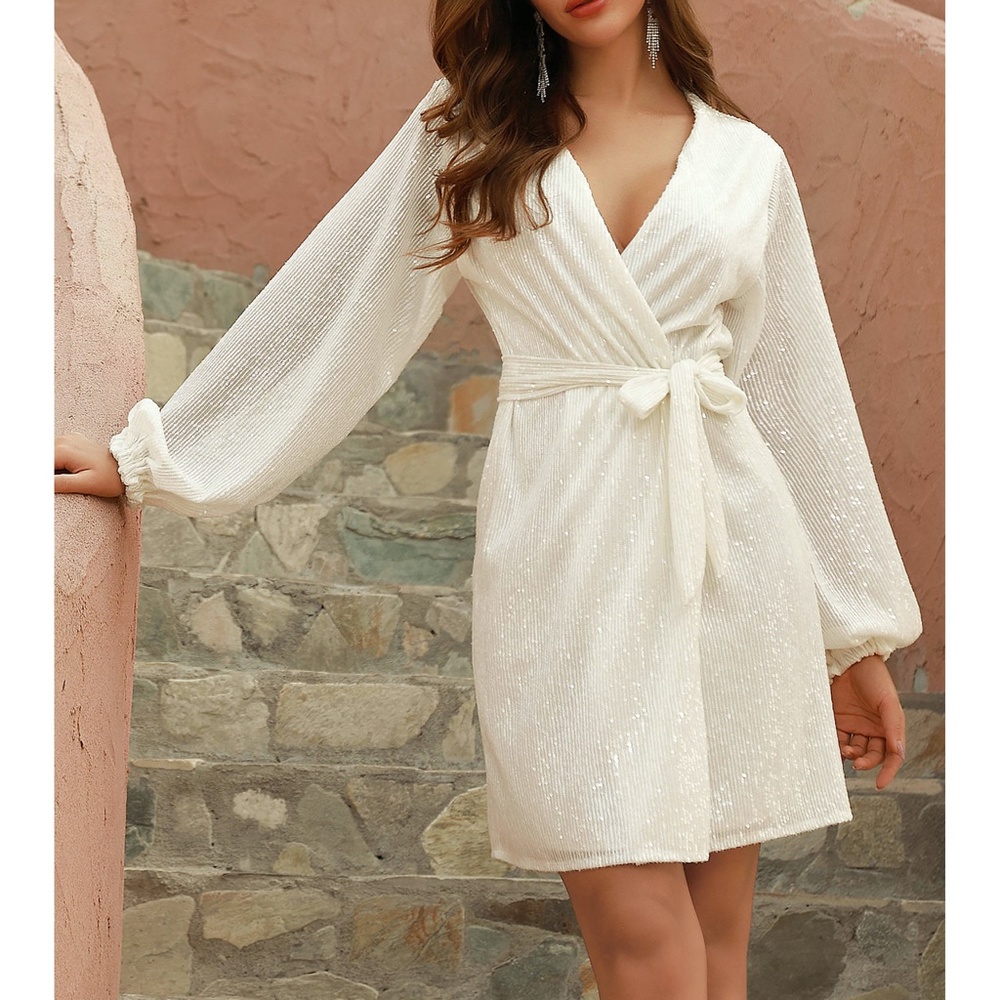 White Long Sleeve Sequin Belted Wrap Dress - Picture 5 of 12